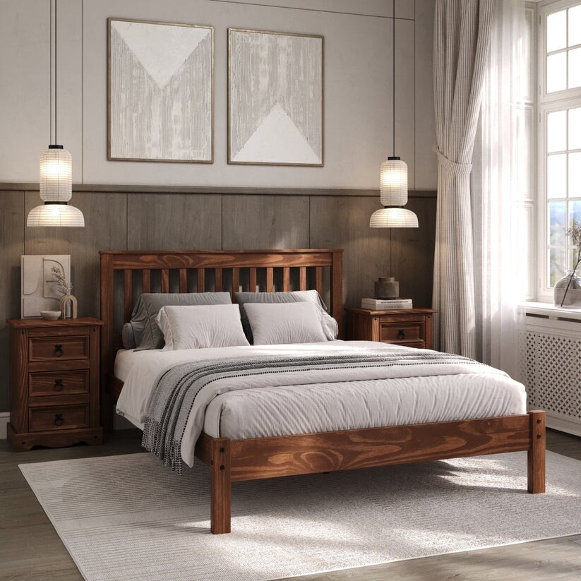 Wood Slatted Full Double Size Bed Corona Collection | Furniture